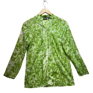 Additions By Chicos Womens Pintuck Button Front Blouse Size 0 Green Floral Boho